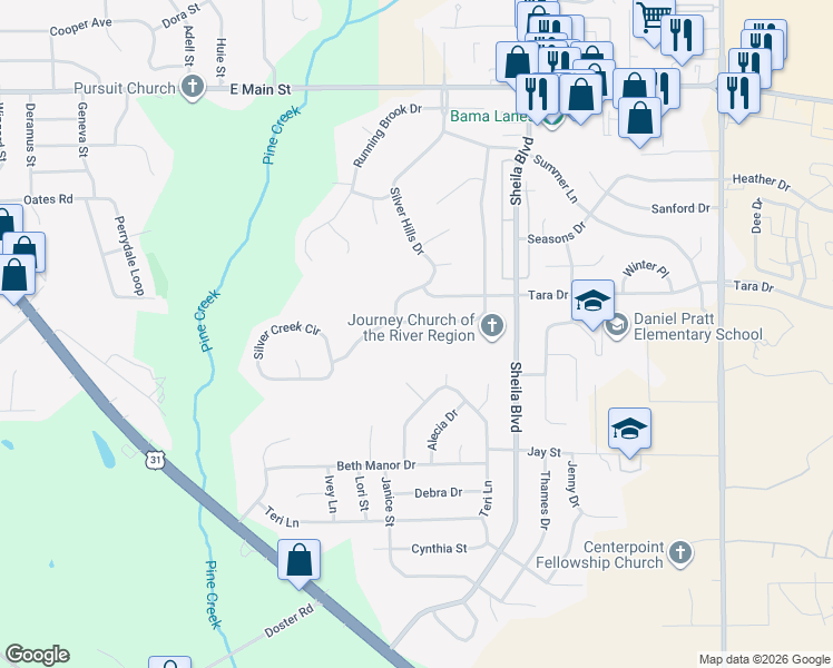 map of restaurants, bars, coffee shops, grocery stores, and more near 821 Sweet Ridge Road in Prattville