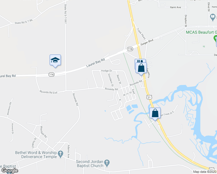 map of restaurants, bars, coffee shops, grocery stores, and more near 4003 Roseida Road in Beaufort