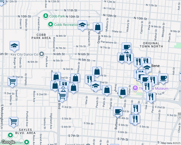 map of restaurants, bars, coffee shops, grocery stores, and more near 1725 North 3rd Street in Abilene