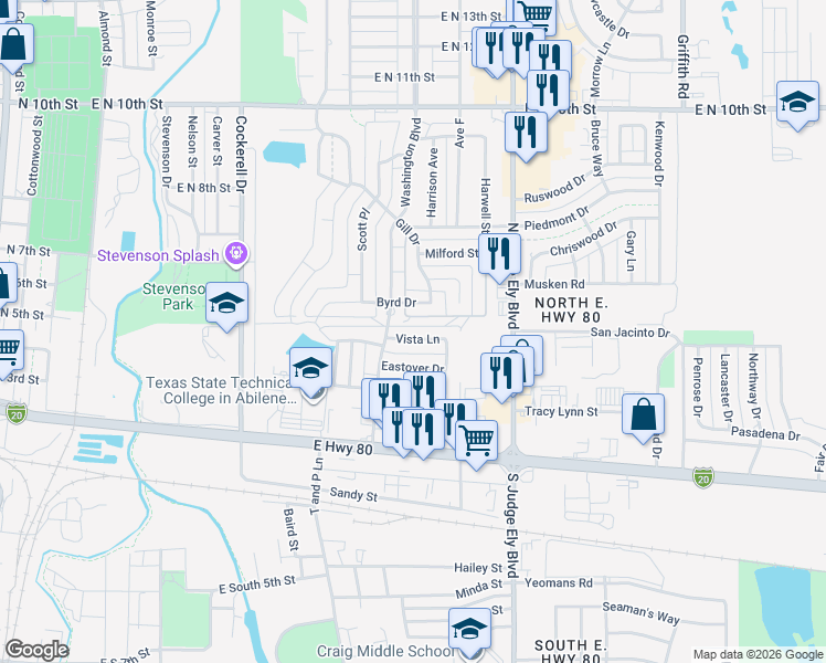 map of restaurants, bars, coffee shops, grocery stores, and more near 820 Vista Lane in Abilene