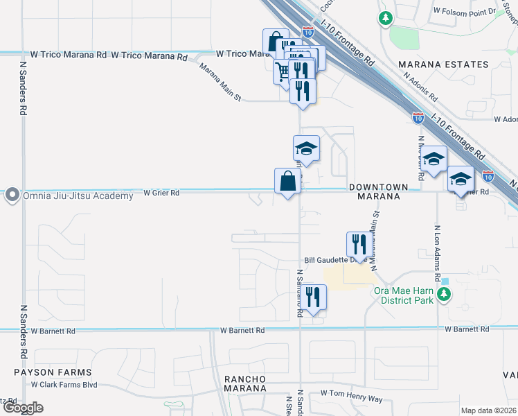 map of restaurants, bars, coffee shops, grocery stores, and more near 11907 West Grier Road in Marana