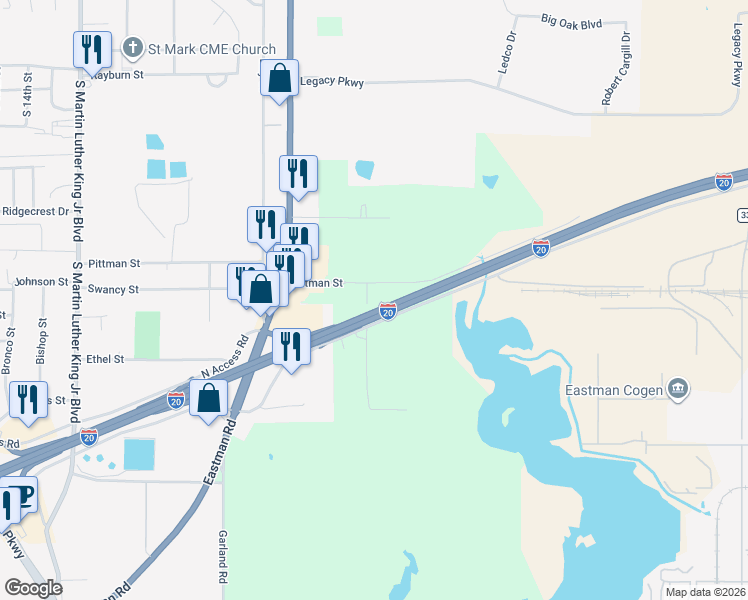 map of restaurants, bars, coffee shops, grocery stores, and more near North Perry Street in Longview