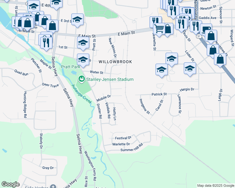 map of restaurants, bars, coffee shops, grocery stores, and more near 115 Mobile Drive in Prattville