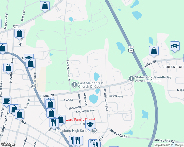 map of restaurants, bars, coffee shops, grocery stores, and more near 110 Blue Ridge Drive in Statesboro