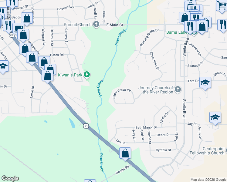 map of restaurants, bars, coffee shops, grocery stores, and more near 932 Silver Creek Circle in Prattville