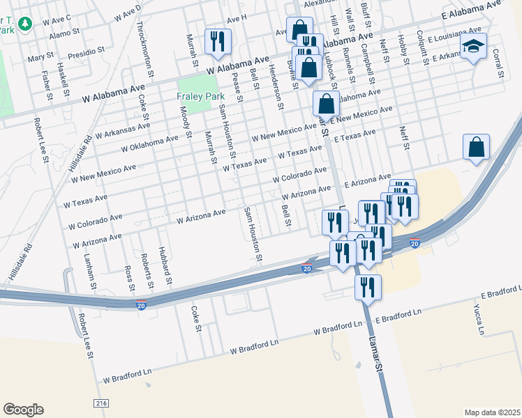 map of restaurants, bars, coffee shops, grocery stores, and more near 1602 Pease Street in Sweetwater