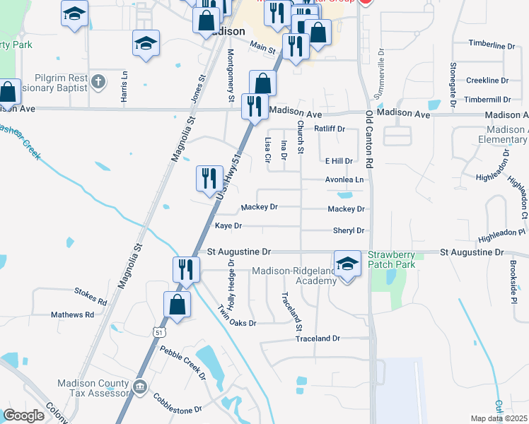 map of restaurants, bars, coffee shops, grocery stores, and more near 163 Mackey Drive in Madison