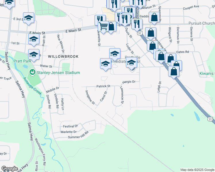 map of restaurants, bars, coffee shops, grocery stores, and more near 134 Patrick Street in Prattville