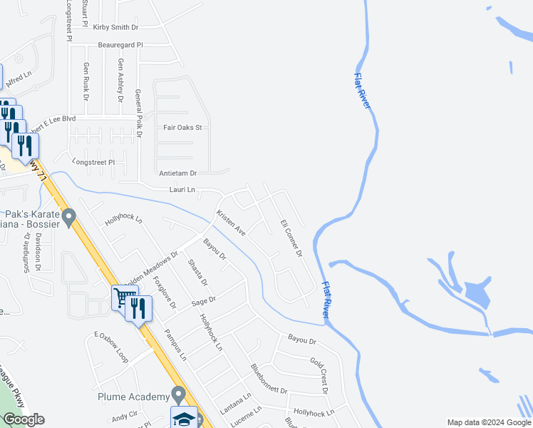 map of restaurants, bars, coffee shops, grocery stores, and more near 5507 East Meadow Drive in Bossier City