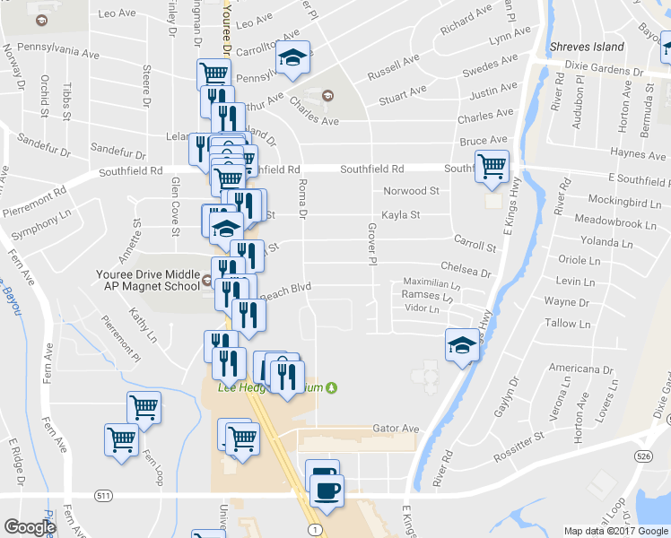 map of restaurants, bars, coffee shops, grocery stores, and more near 171 Chelsea Dr in Shreveport