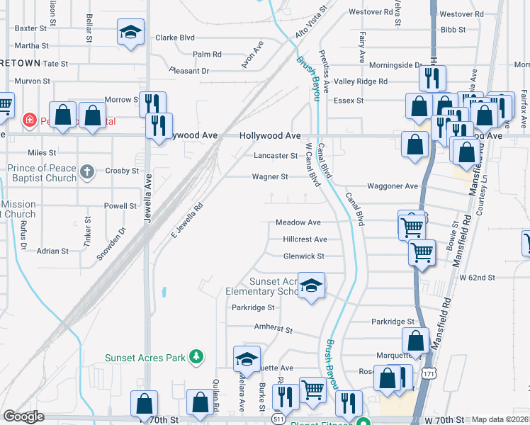 map of restaurants, bars, coffee shops, grocery stores, and more near 3049 Lakehurst Avenue in Shreveport