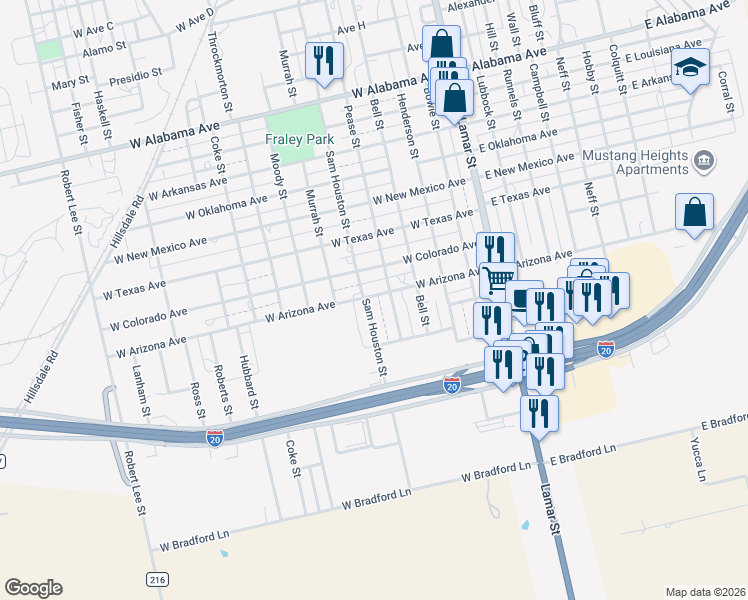 map of restaurants, bars, coffee shops, grocery stores, and more near 1602 Pease Street in Sweetwater