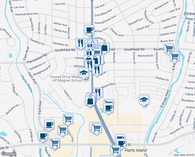 map of restaurants, bars, coffee shops, grocery stores, and more near 6005 Youree Drive in Shreveport