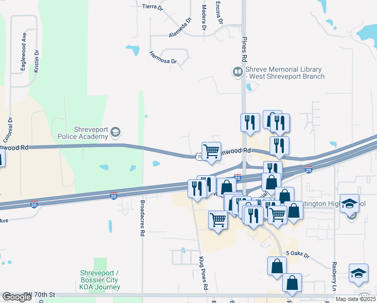 map of restaurants, bars, coffee shops, grocery stores, and more near 6260 Greenwood Road in Shreveport