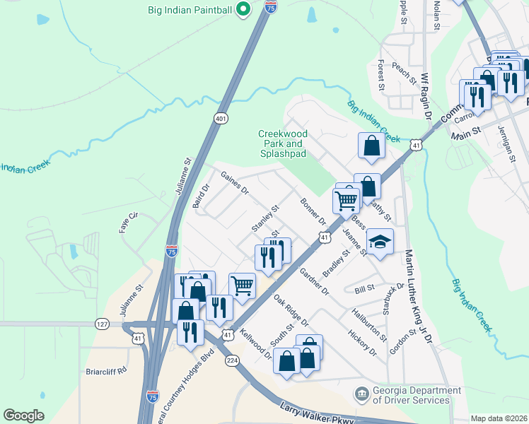 map of restaurants, bars, coffee shops, grocery stores, and more near 421 Stanley Street in Perry