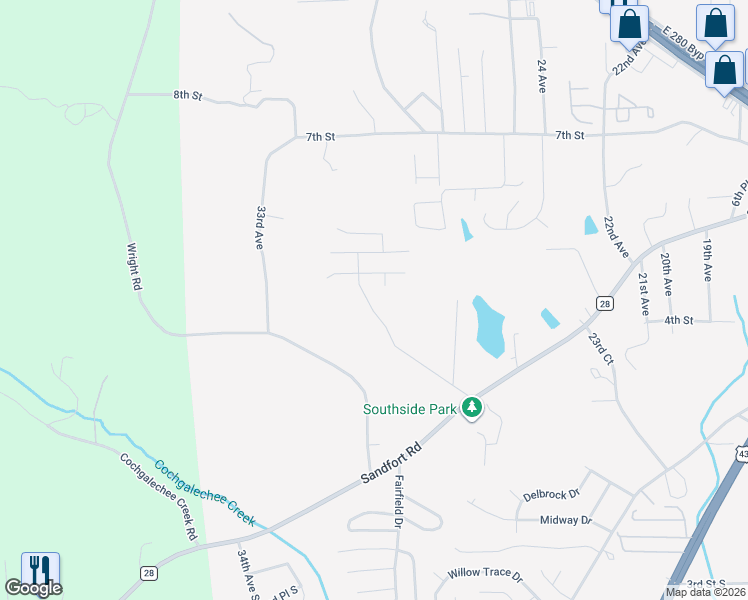 map of restaurants, bars, coffee shops, grocery stores, and more near 406 26th Court in Phenix City