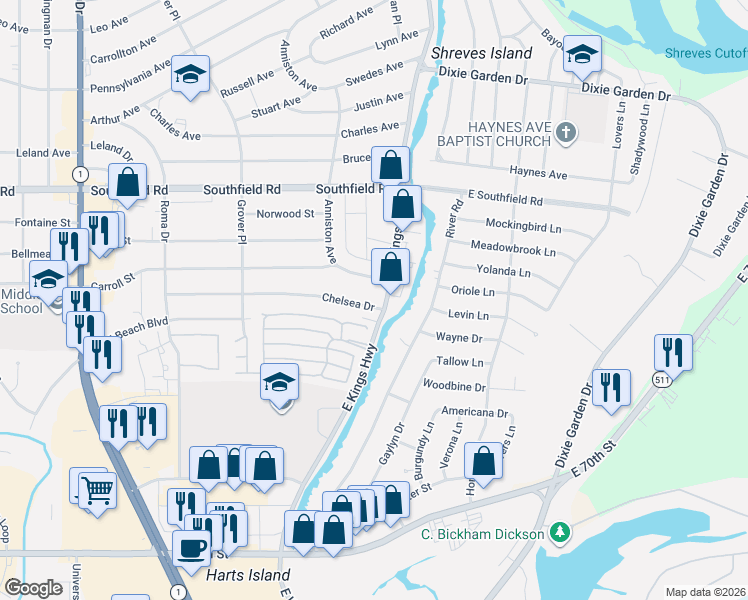 map of restaurants, bars, coffee shops, grocery stores, and more near 104 Chelsea Drive in Shreveport