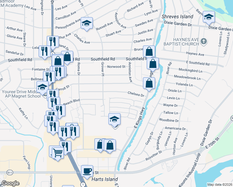 map of restaurants, bars, coffee shops, grocery stores, and more near 137 Chelsea Drive in Shreveport