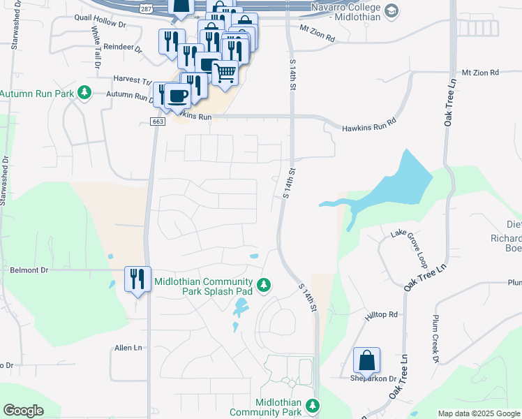 map of restaurants, bars, coffee shops, grocery stores, and more near 2818 Palmerston Drive in Midlothian
