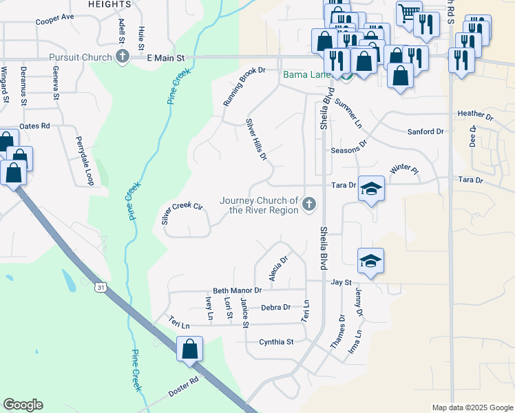 map of restaurants, bars, coffee shops, grocery stores, and more near 823 Sweet Ridge Road in Prattville