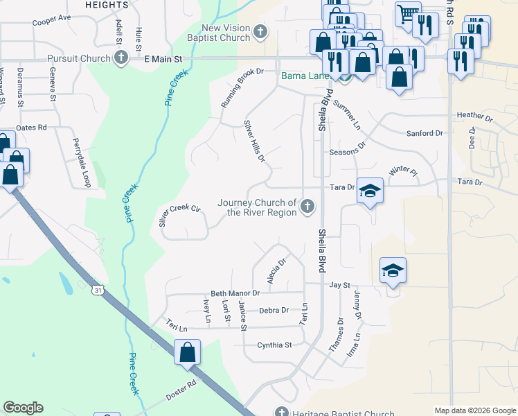 map of restaurants, bars, coffee shops, grocery stores, and more near 821 Sweet Ridge Road in Prattville
