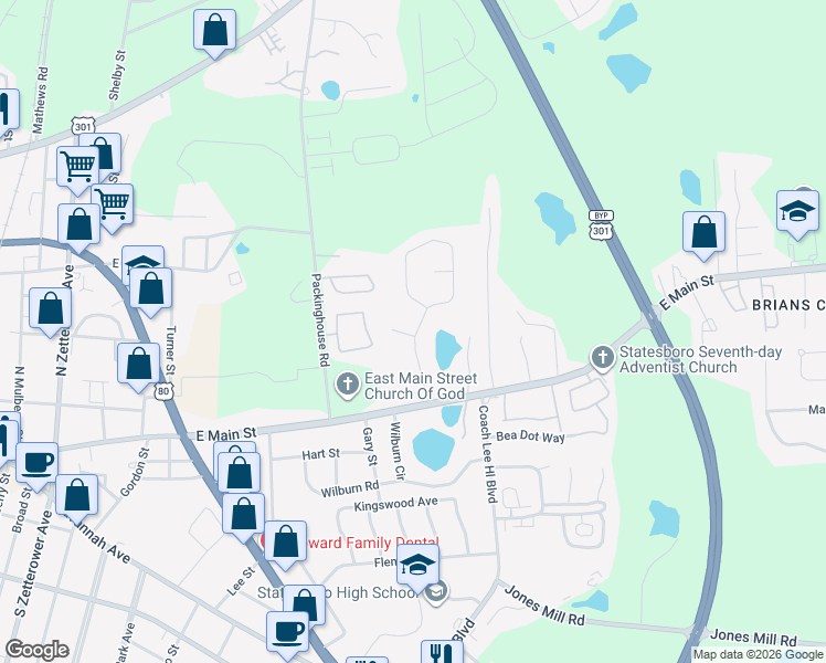 map of restaurants, bars, coffee shops, grocery stores, and more near 110 Blue Ridge Drive in Statesboro