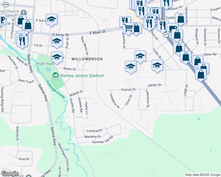map of restaurants, bars, coffee shops, grocery stores, and more near 170 Patrick Street in Prattville