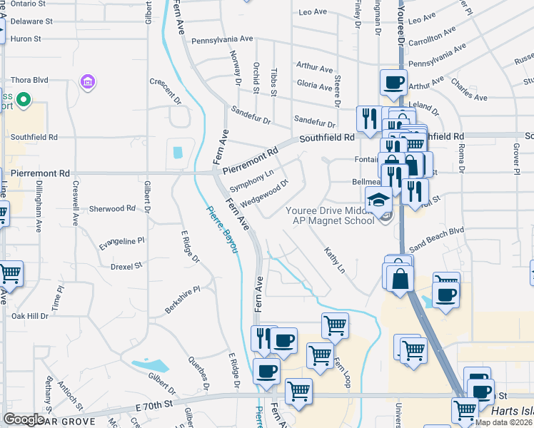 map of restaurants, bars, coffee shops, grocery stores, and more near 6018 Cinderella Lane in Shreveport