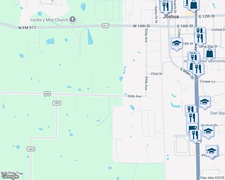 map of restaurants, bars, coffee shops, grocery stores, and more near 748 County Road 909 in Joshua