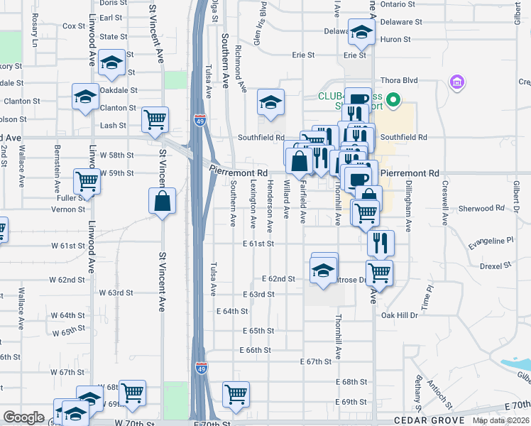 map of restaurants, bars, coffee shops, grocery stores, and more near 4033 Martha Street in Shreveport