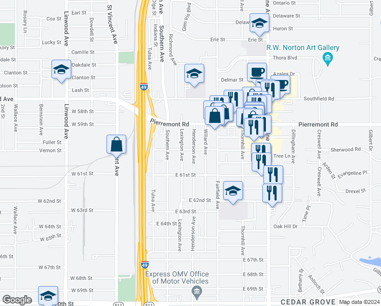 map of restaurants, bars, coffee shops, grocery stores, and more near 6002 Henderson Avenue in Shreveport