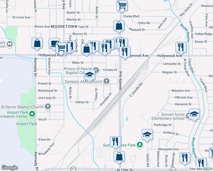 map of restaurants, bars, coffee shops, grocery stores, and more near 6203 Singletary Street in Shreveport