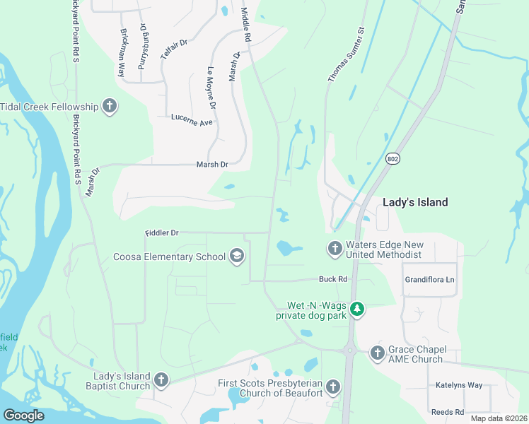 map of restaurants, bars, coffee shops, grocery stores, and more near 83 Middle Road in Beaufort