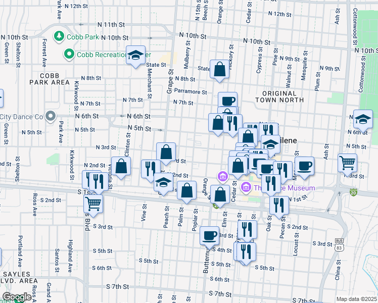 map of restaurants, bars, coffee shops, grocery stores, and more near 340 Beech Street in Abilene