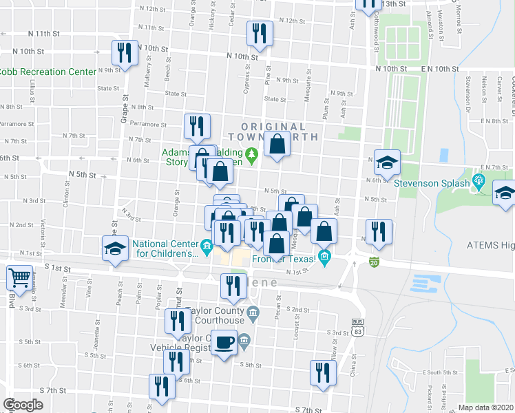 map of restaurants, bars, coffee shops, grocery stores, and more near 986 North 4th Street in Abilene