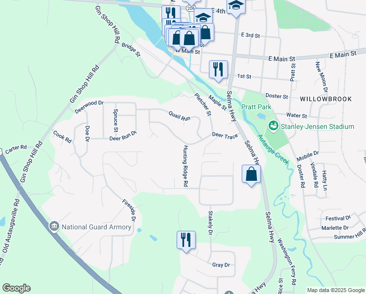 map of restaurants, bars, coffee shops, grocery stores, and more near 119 Thomas Lane in Prattville