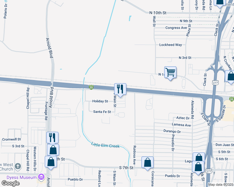 map of restaurants, bars, coffee shops, grocery stores, and more near 123 South Main Street in Abilene