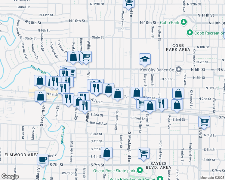 map of restaurants, bars, coffee shops, grocery stores, and more near 3201 North 3rd Street in Abilene