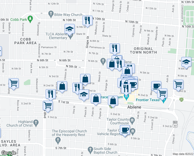 map of restaurants, bars, coffee shops, grocery stores, and more near 340 Beech Street in Abilene