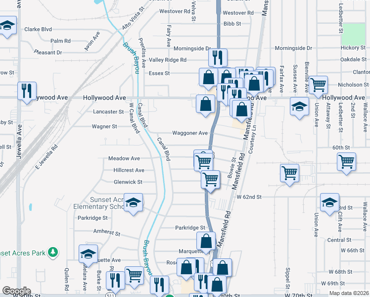 map of restaurants, bars, coffee shops, grocery stores, and more near 2746 Meadow Avenue in Shreveport