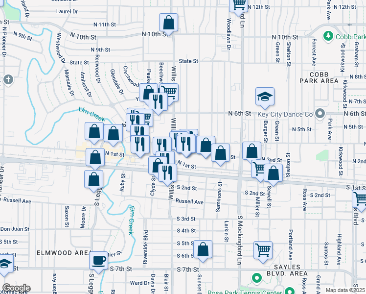 map of restaurants, bars, coffee shops, grocery stores, and more near 149 North Willis Street in Abilene