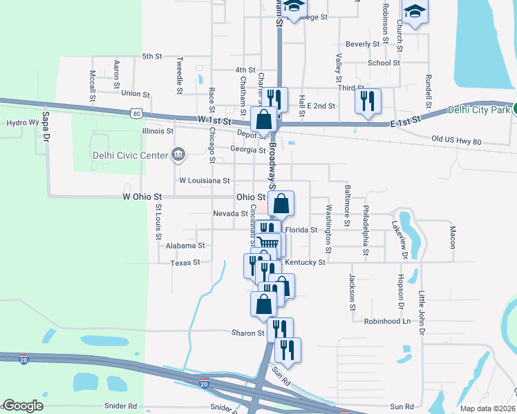 map of restaurants, bars, coffee shops, grocery stores, and more near 407 Cincinnati St in Delhi