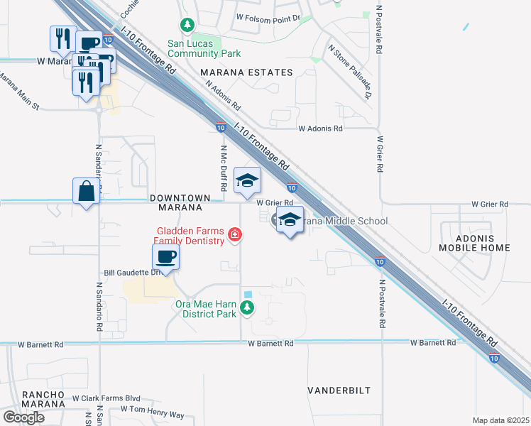 map of restaurants, bars, coffee shops, grocery stores, and more near 11279 West Grier Road in Marana
