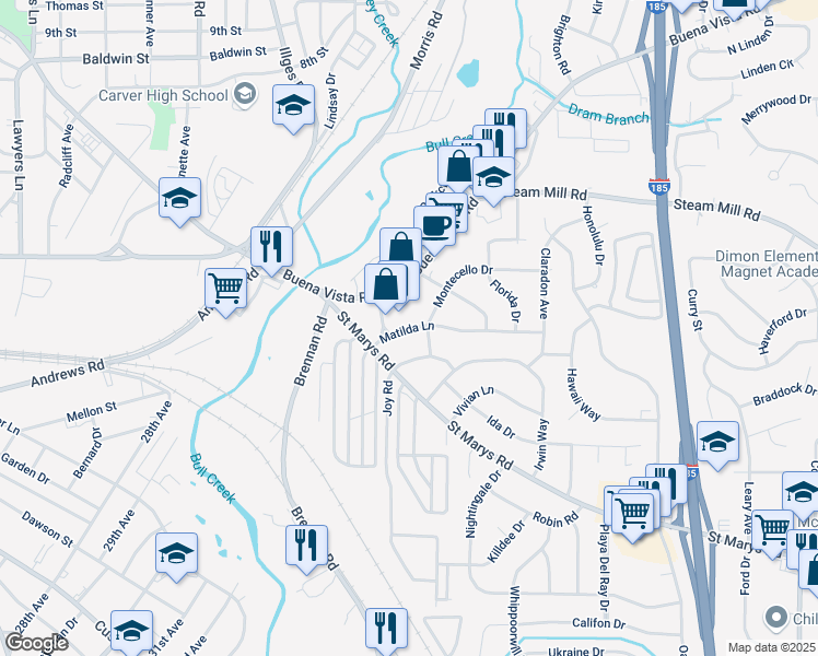 map of restaurants, bars, coffee shops, grocery stores, and more near 3330 Matilda Lane in Columbus