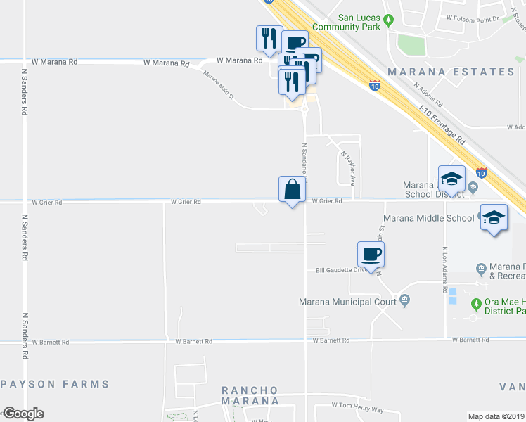 map of restaurants, bars, coffee shops, grocery stores, and more near 11941 West Grier Road in Marana