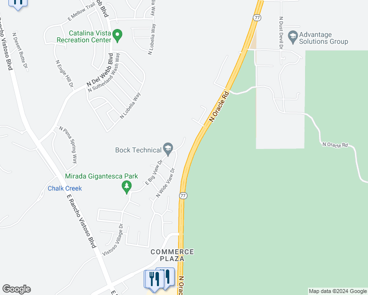 map of restaurants, bars, coffee shops, grocery stores, and more near 2638 East Big View Drive in Oro Valley