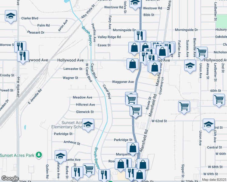 map of restaurants, bars, coffee shops, grocery stores, and more near 2769 Lakehurst Avenue in Shreveport