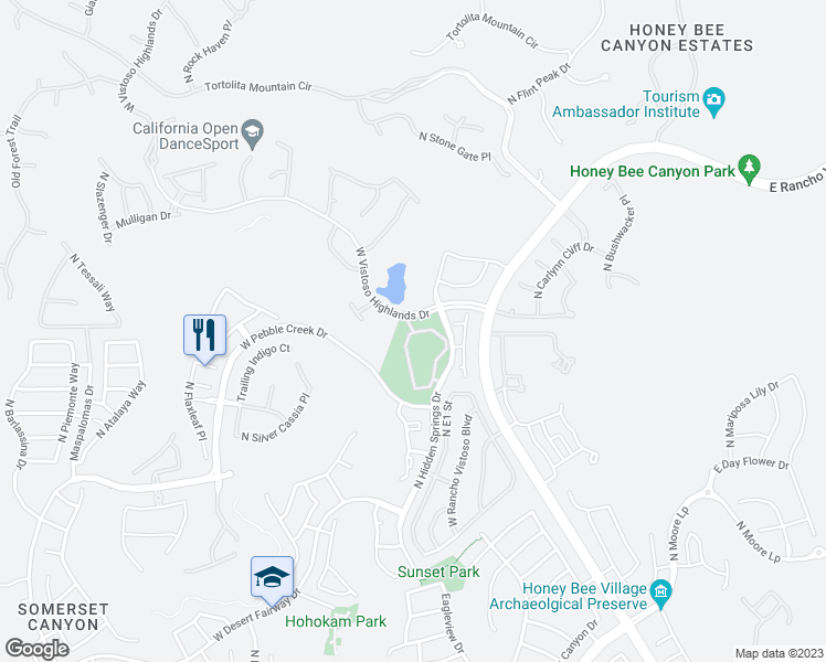 map of restaurants, bars, coffee shops, grocery stores, and more near 655 West Vistoso Highlands Drive in Oro Valley
