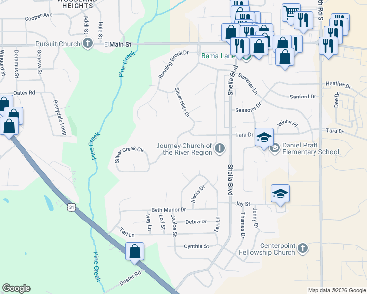 map of restaurants, bars, coffee shops, grocery stores, and more near 821 Sweet Ridge Road in Prattville