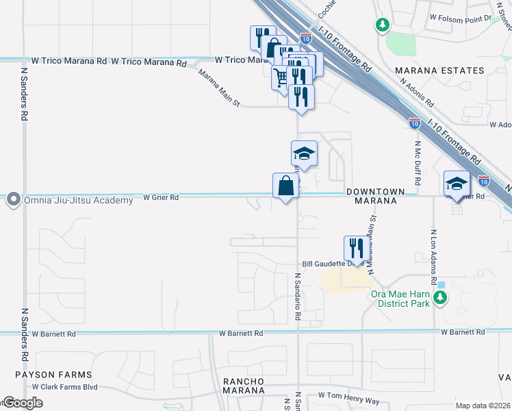map of restaurants, bars, coffee shops, grocery stores, and more near 11941 West Grier Road in Marana